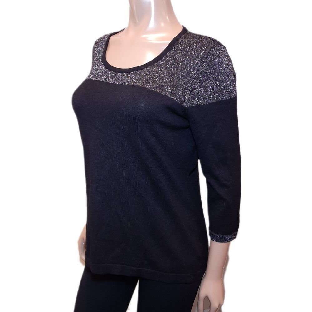 WINDSMOOR Metallic Knit Sweater Cropped Sleeve Size Small Black Silver Pullover